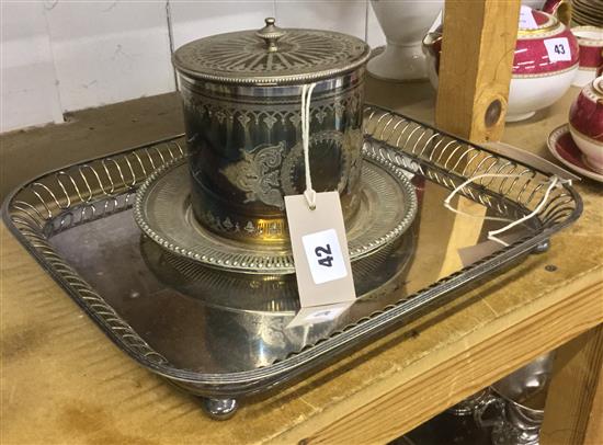 Mappin & Webb plated rectangular tray, crested & a plated biscuit barrel on stand